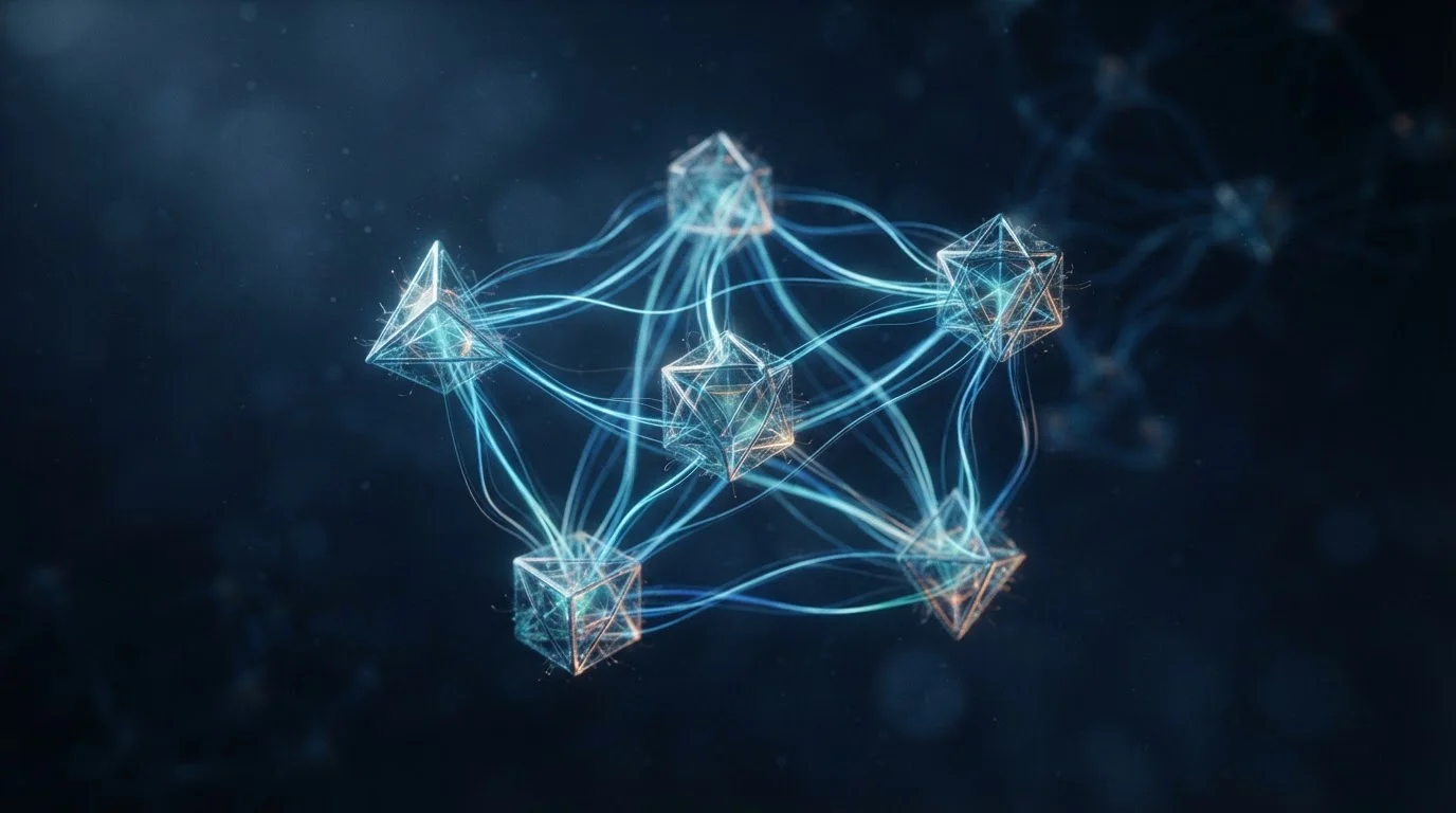 Abstraktní síťový diagram s několika propojenými uzly, ilustrace USDT sítí