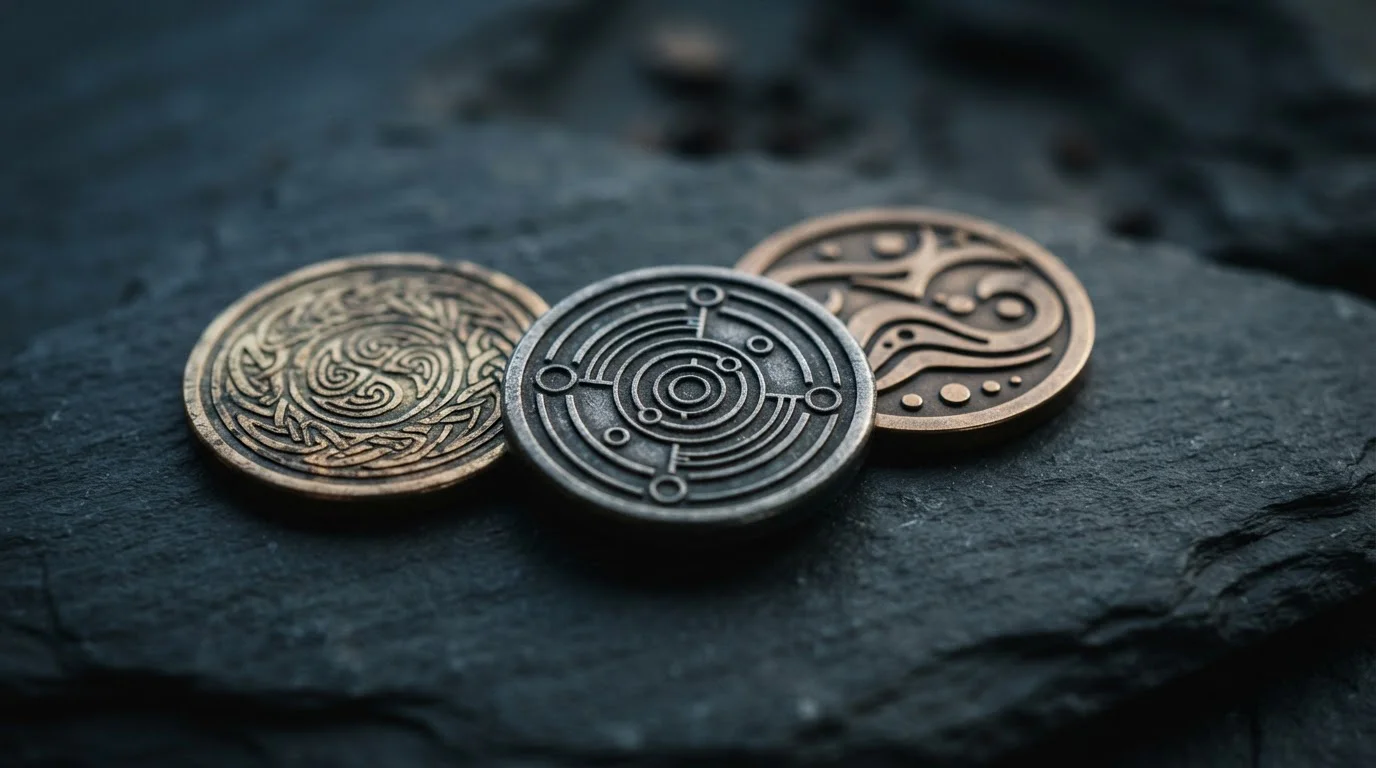 Tři symbolické tokeny na tmavém pozadí, ilustrace srovnání stablecoinů