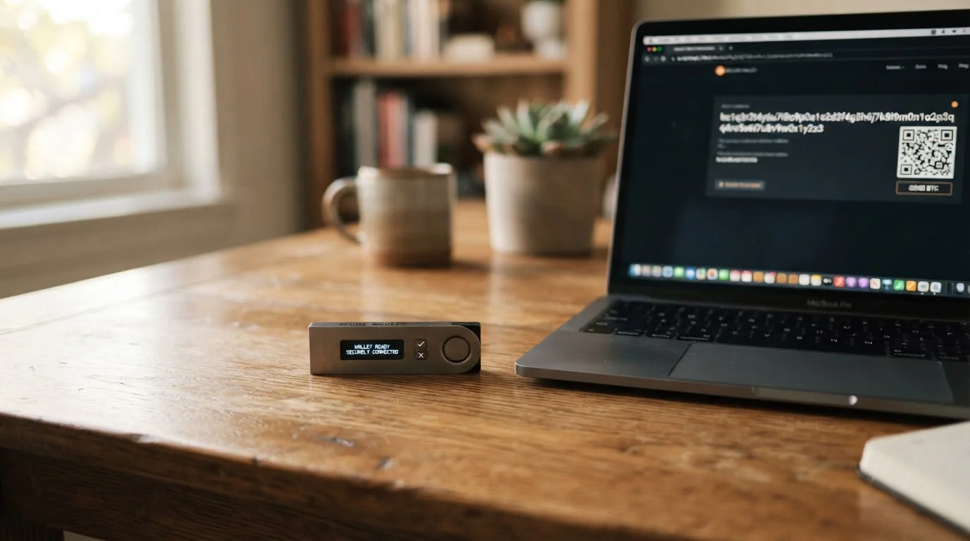 Hardware peněženka a abstraktní adresa na obrazovce, ilustrace USDT výběru