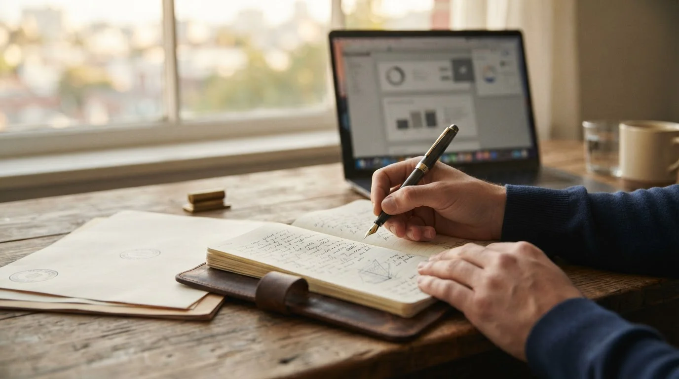 Ruce hráče zapisují do notebooku podmínky uvítacího bonusu vedle otevřené obrazovky notebooku s pokladnou online kasina