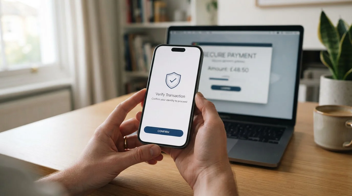 Ruka drží mobilní telefon s potvrzením platby přes 3-D Secure ověření