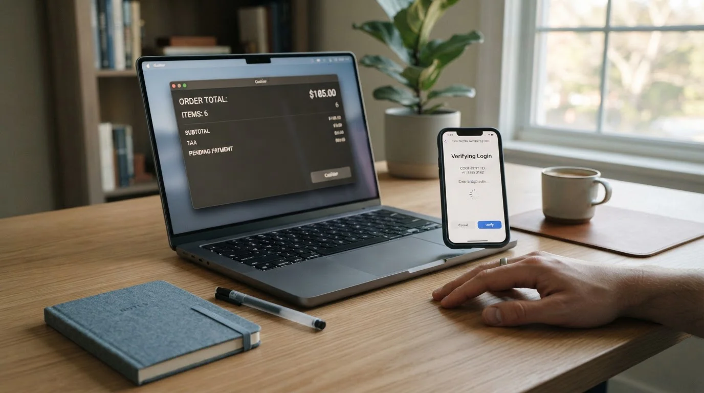 Notebook s otevřenou pokladní obrazovkou casina a mobilní telefon s bankovní aplikací pro 3-D Secure