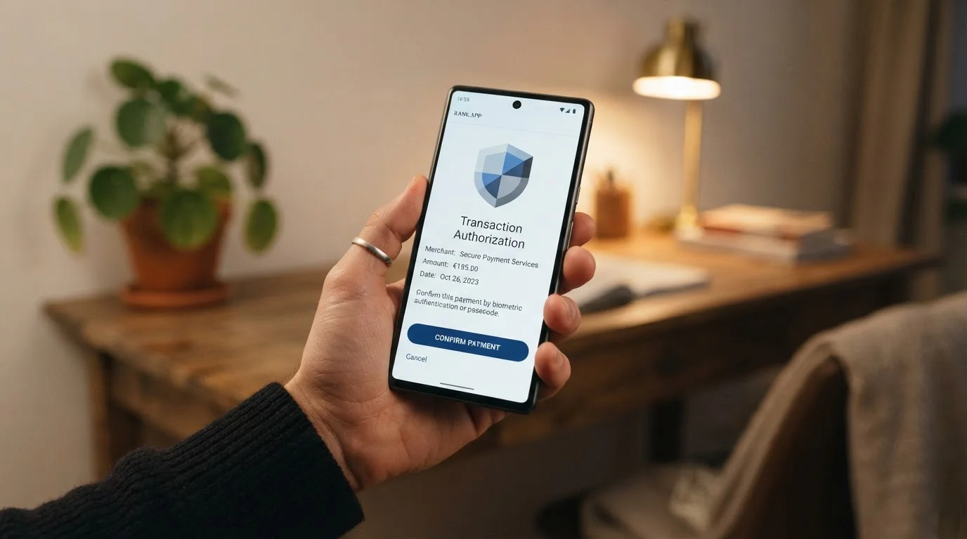 Ruka drží mobilní telefon s otevřenou bankovní aplikací pro autorizaci platby na kasino