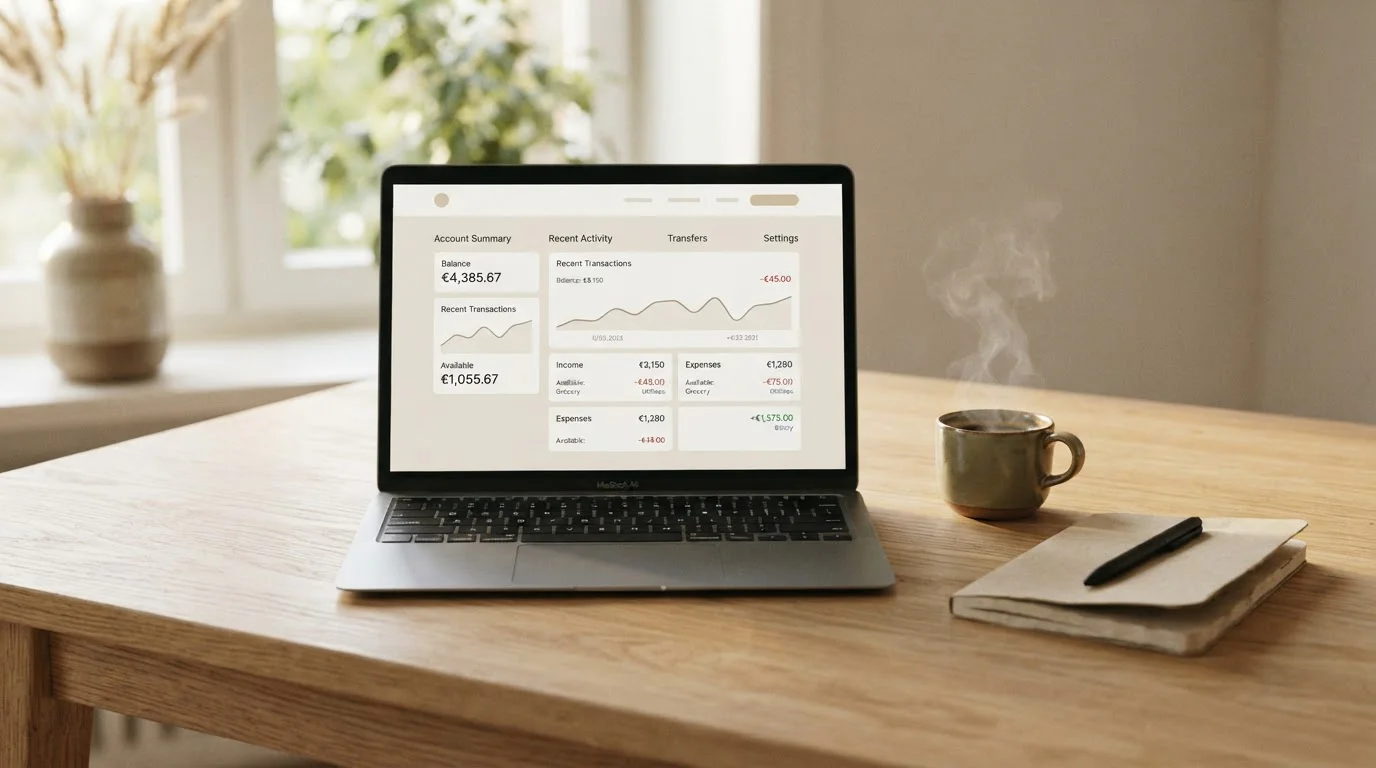 Notebook s bankovní aplikací a předplacenou peněženkou vedle šálku kávy, tichá ranní scéna