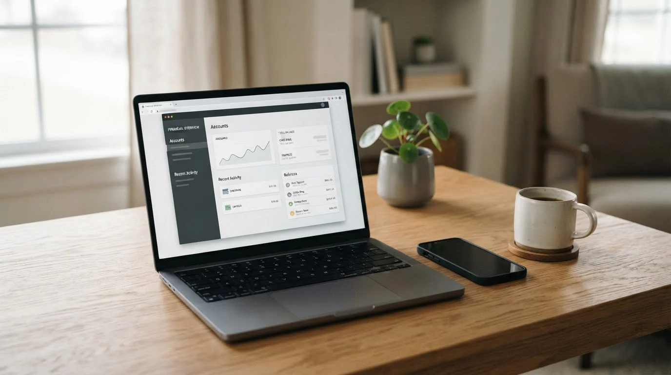 Otevřený notebook s neutrálním rozhraním bankovní aplikace, telefon položený vedle