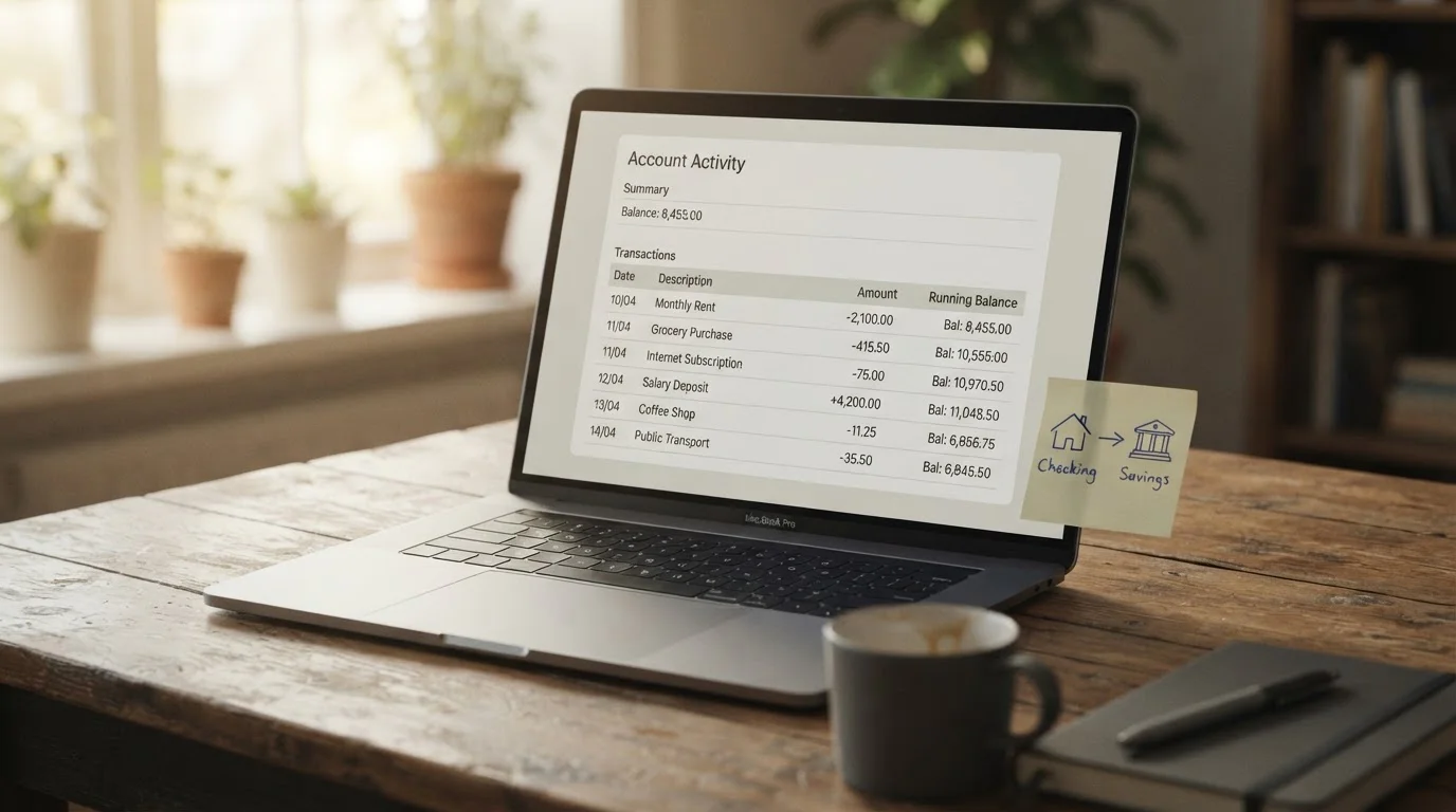 Otevřený notebook s bankovním výpisem a poznámkou o výběru výhry z online herny bankovním převodem